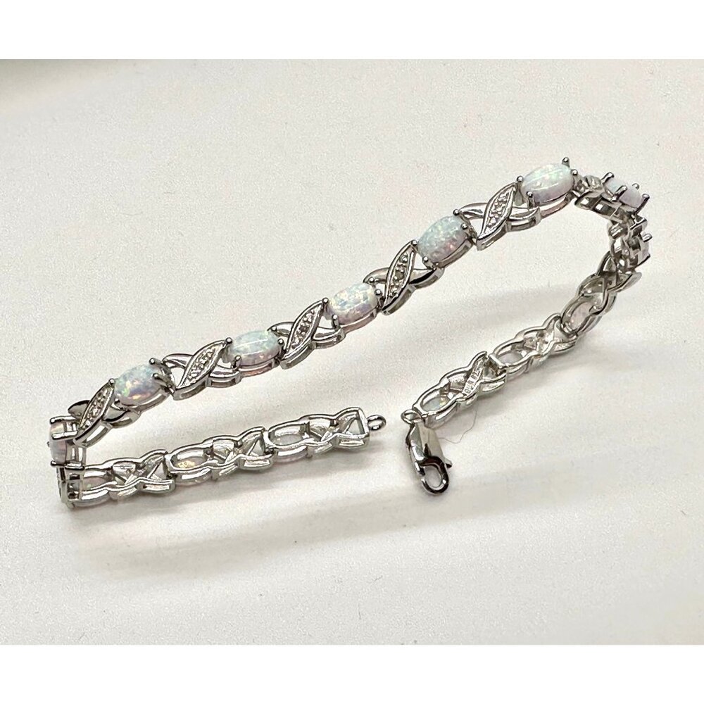 XO Infinity Bracelet Lab Created Opal and Diamond Accent in Sterling Silver Sett - Picture 3 of 7